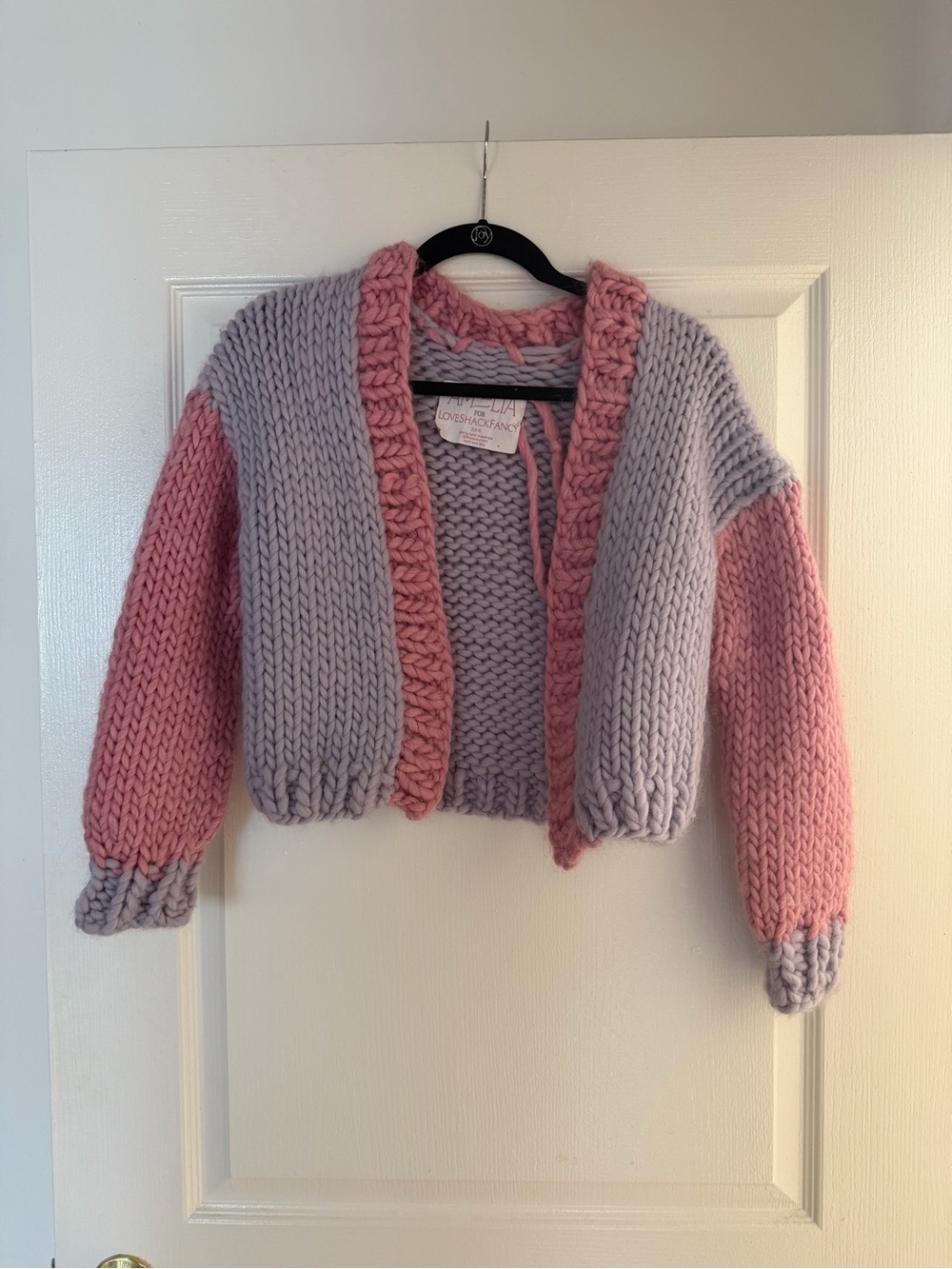 LoveShackFancy x AMELIA Cropped Chunky Merino Wool Cardigan in Pink & Lavender
